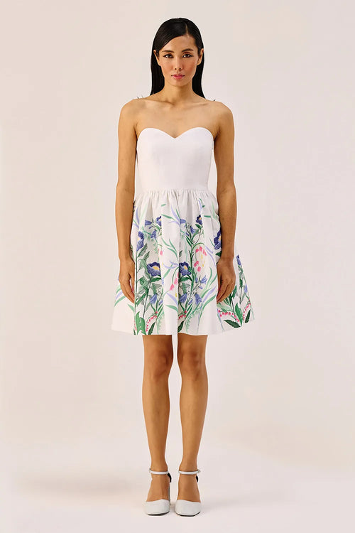White Floral Linen Strapless Mini Dress