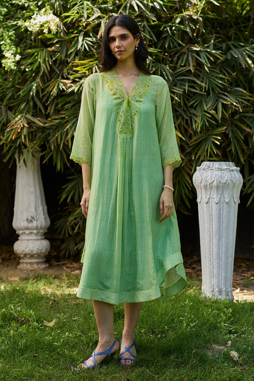 English Morning Green Embroidered Dress