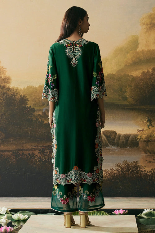 Emerald Green Contrast Floral Cordwork Kurta With Pants