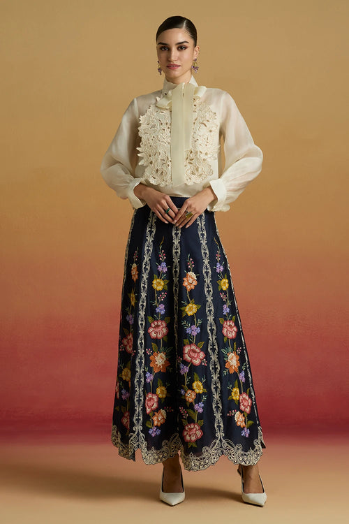 Ivory Cutwork Bib Layered Shirt with Panelled Amaryllis Skirt