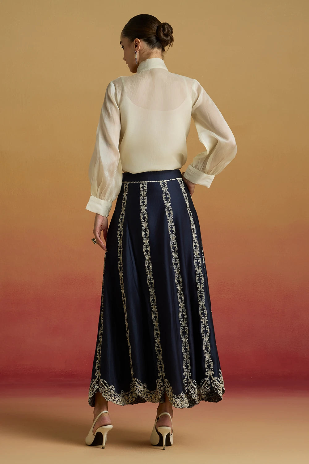 Ivory Cutwork Bib Layered Shirt with Panelled Amaryllis Skirt