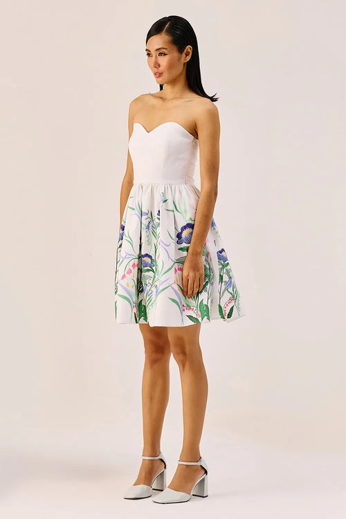 White Floral Linen Strapless Mini Dress