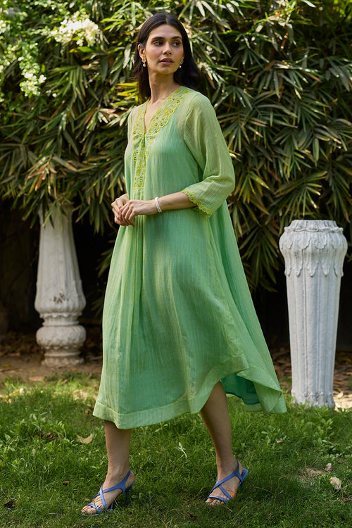 English Morning Green Embroidered Dress