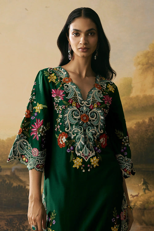 Emerald Green Contrast Floral Cordwork Kurta With Pants
