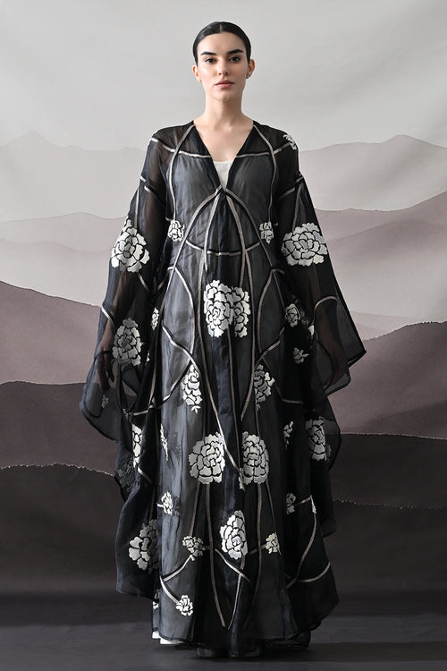 Black Kaftan With Handcrafted Florals