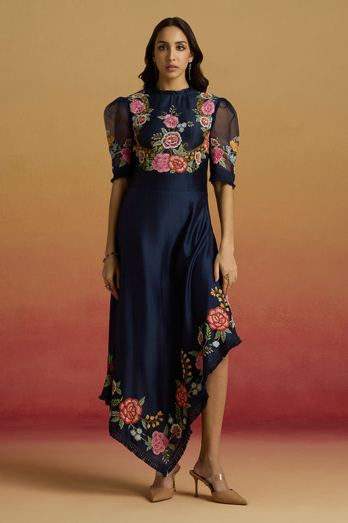 Indigo Floral Asymmetric Amaryllis Dress
