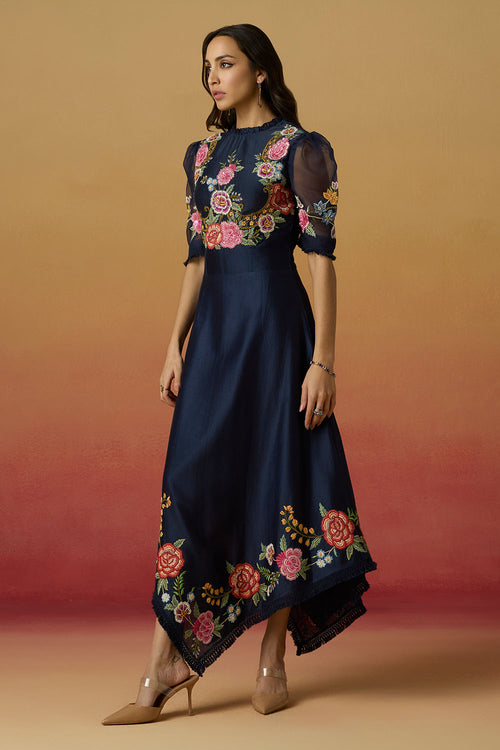 Indigo Floral Asymmetric Amaryllis Dress