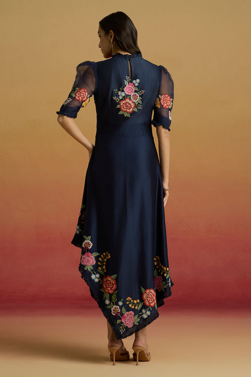 Indigo Floral Asymmetric Amaryllis Dress