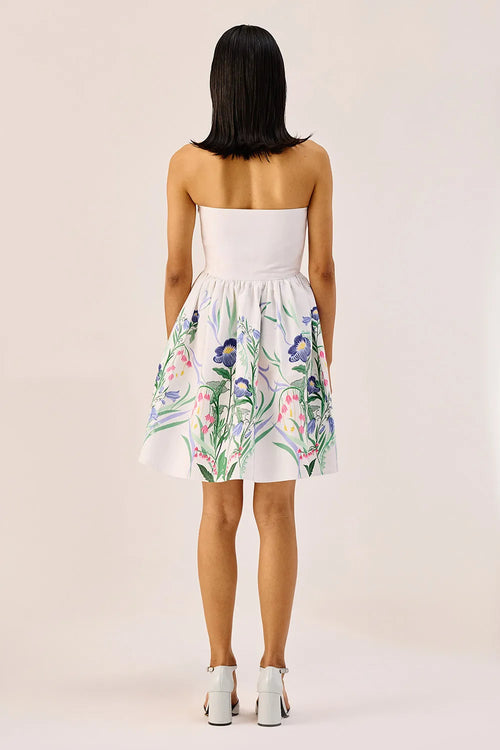 White Floral Linen Strapless Mini Dress
