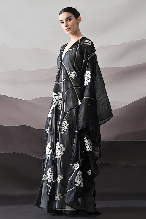 Black Kaftan With Handcrafted Florals