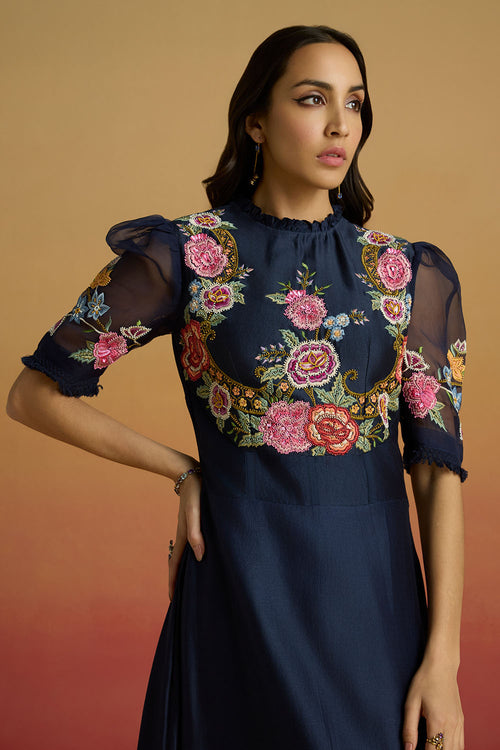 Indigo Floral Asymmetric Amaryllis Dress