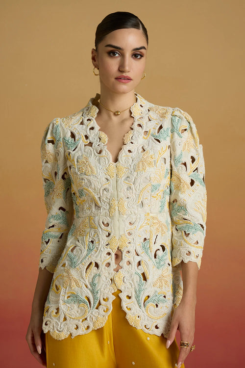 Ivory Cordwork and Beadwork Peplum Amaryllis Jacket with Cutwork Sharara