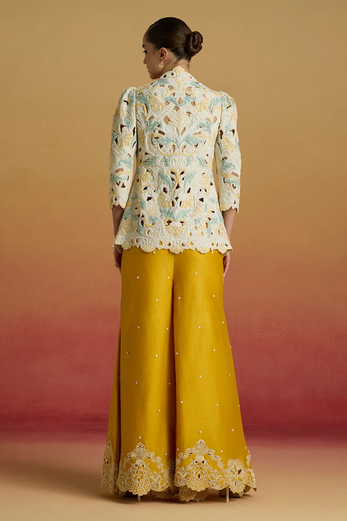 Ivory Cordwork and Beadwork Peplum Amaryllis Jacket with Cutwork Sharara