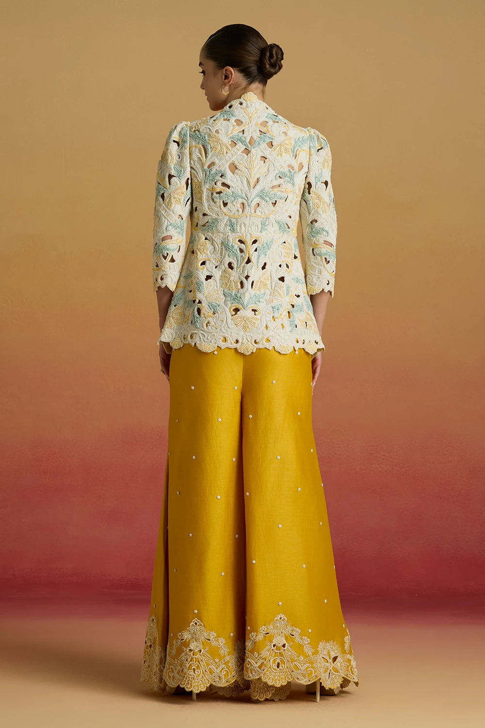 Ivory Cordwork and Beadwork Peplum Amaryllis Jacket with Cutwork Sharara