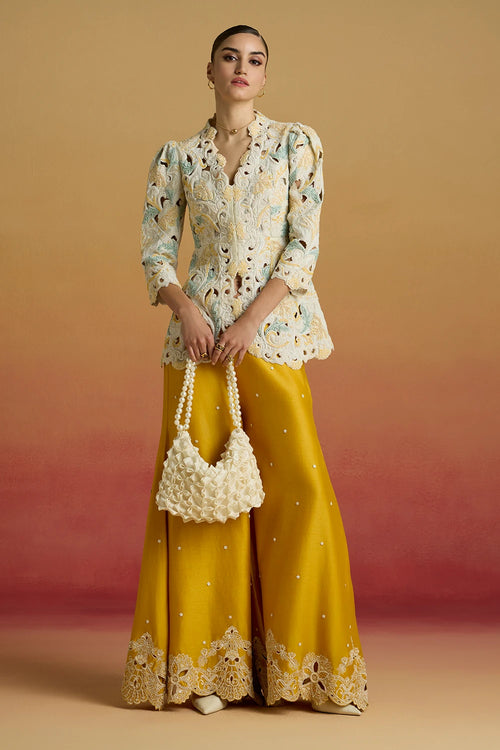 Ivory Cordwork and Beadwork Peplum Amaryllis Jacket with Cutwork Sharara