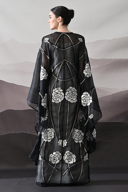 Black Kaftan With Handcrafted Florals