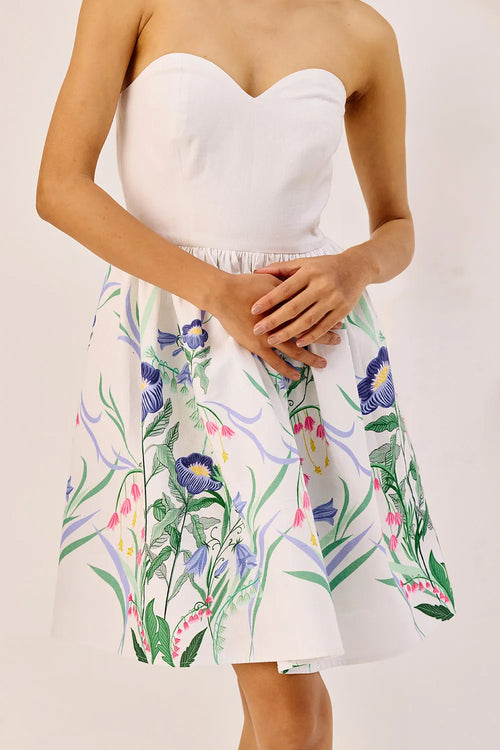 White Floral Linen Strapless Mini Dress