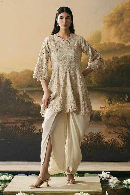 Ivory Cutwork Short Flared Kurta With Cowl Tulip Pants