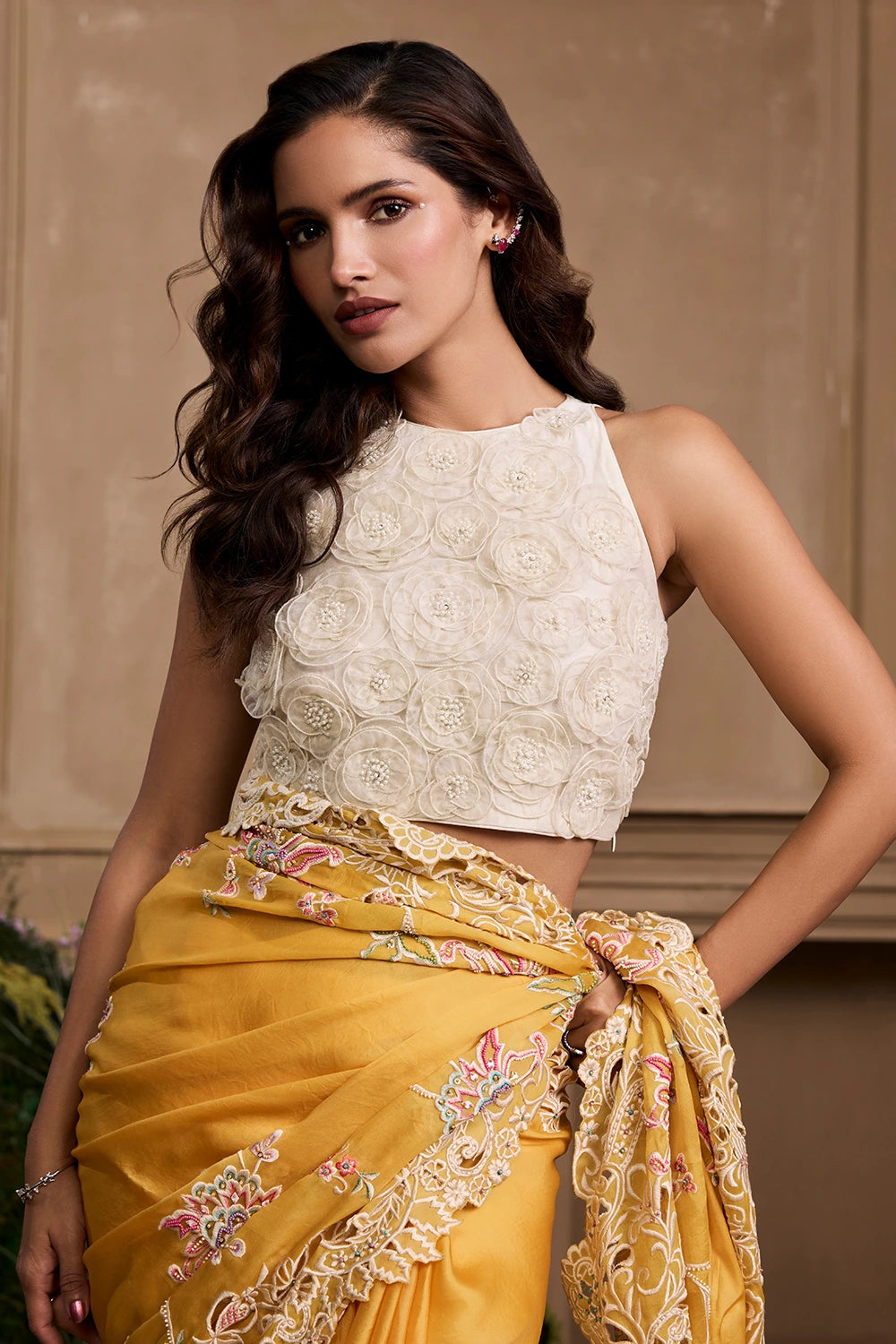 Yellow Contrast Cutwork Embroidered Saree With 3D Rose Applique Top