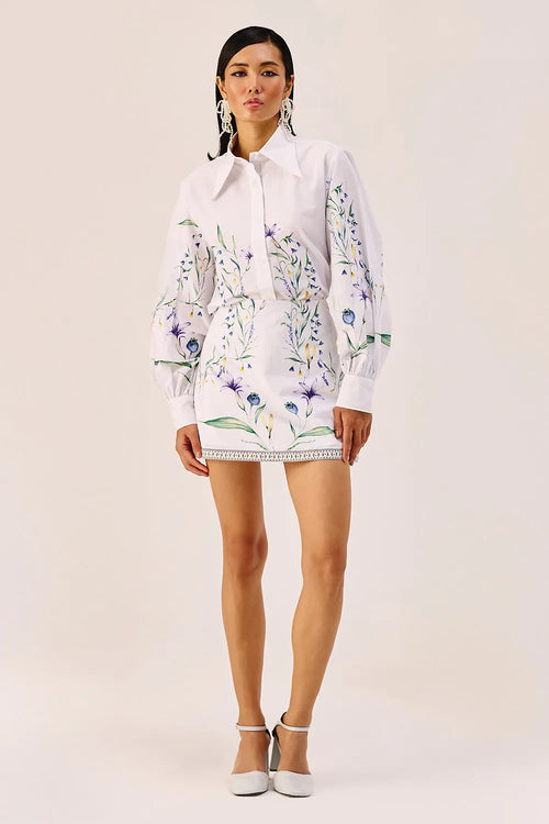 White Floral Printed Shirt And Mini Skirt Set