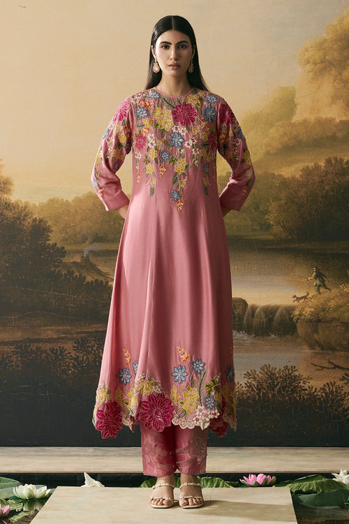 Pink Floral Medley Flared Kurta With Narrow Pants