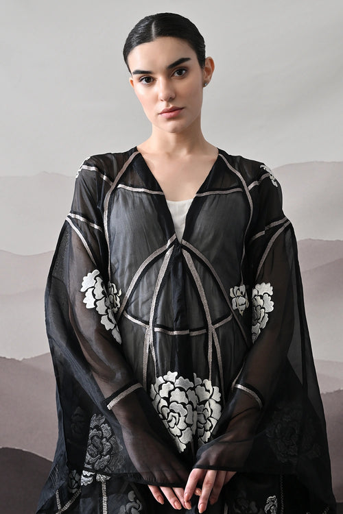 Black Kaftan With Handcrafted Florals