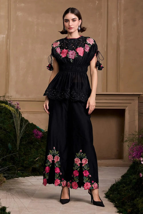 Black Rose Ruched Top With Slit Bell Bottoms