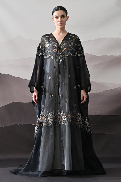 Black Kaftan With Hand-Embroidered Floral Panels