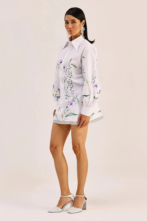 White Floral Printed Shirt And Mini Skirt Set