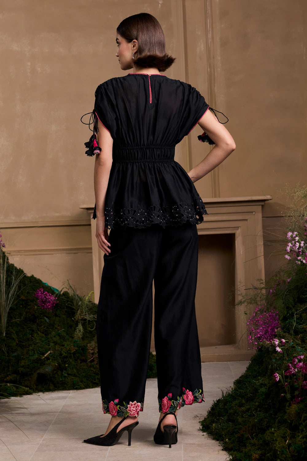 Black Rose Ruched Top With Slit Bell Bottoms