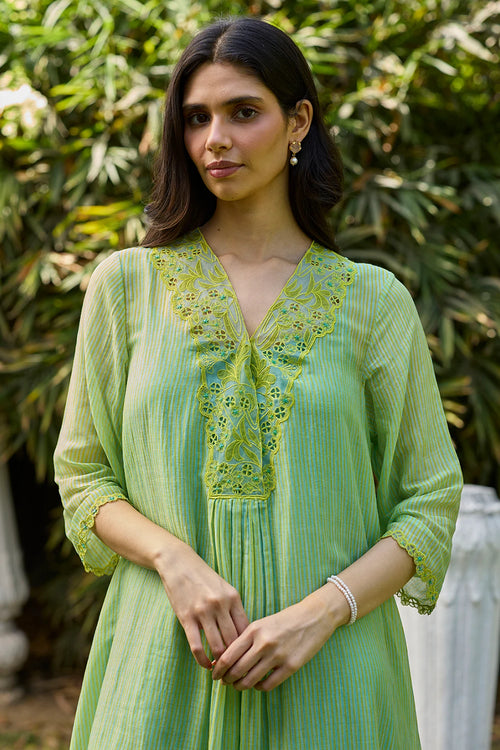 English Morning Green Embroidered Dress