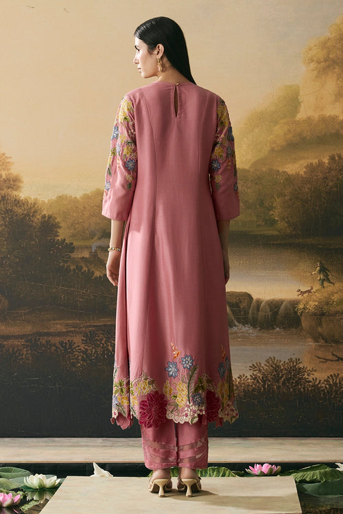 Pink Floral Medley Flared Kurta With Narrow Pants