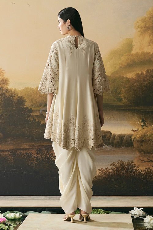 Ivory Cutwork Short Flared Kurta With Cowl Tulip Pants