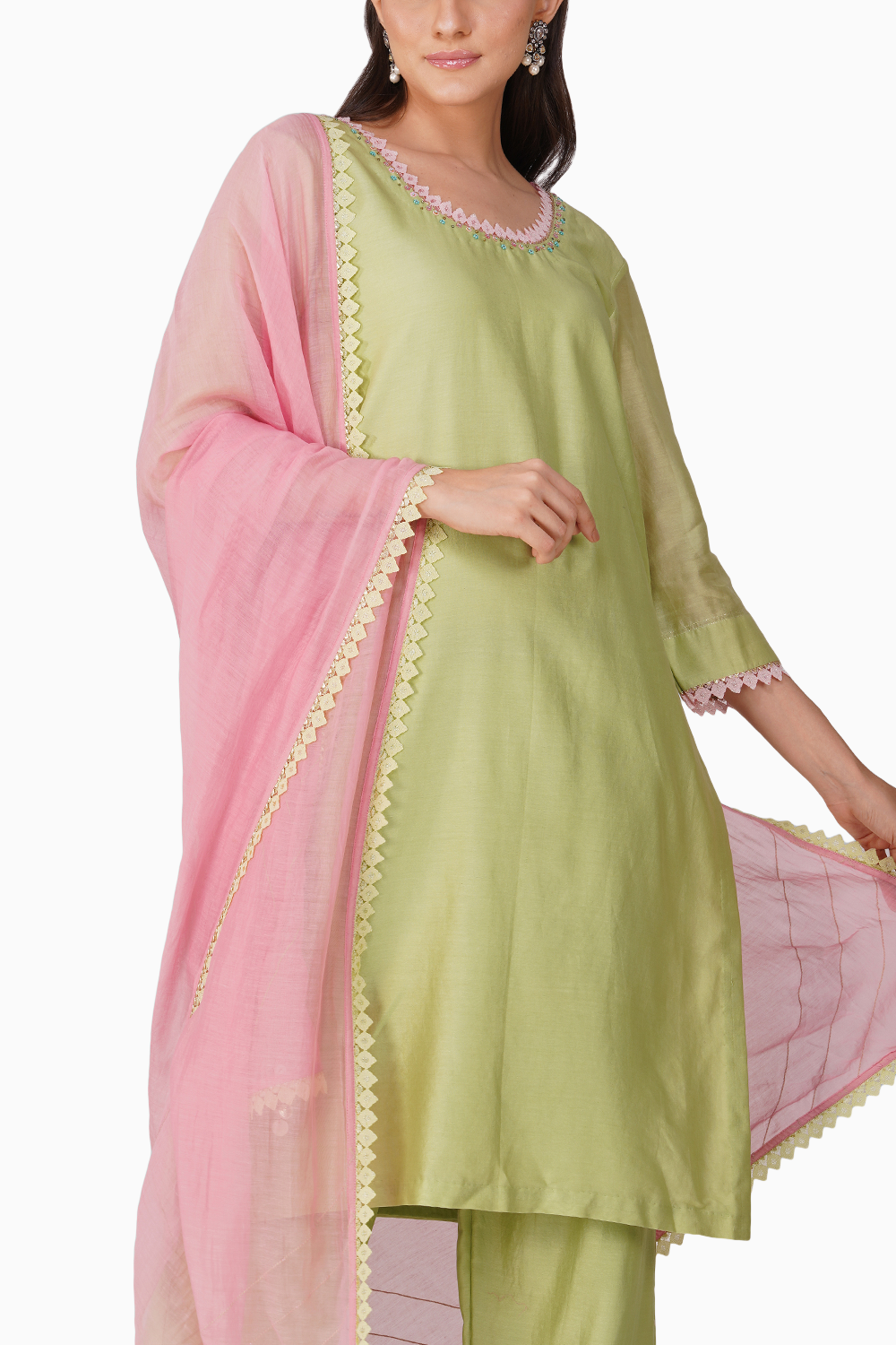 Small Flower Green-Pink Kurta Set