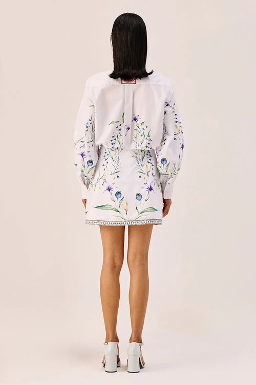 White Floral Printed Shirt And Mini Skirt Set