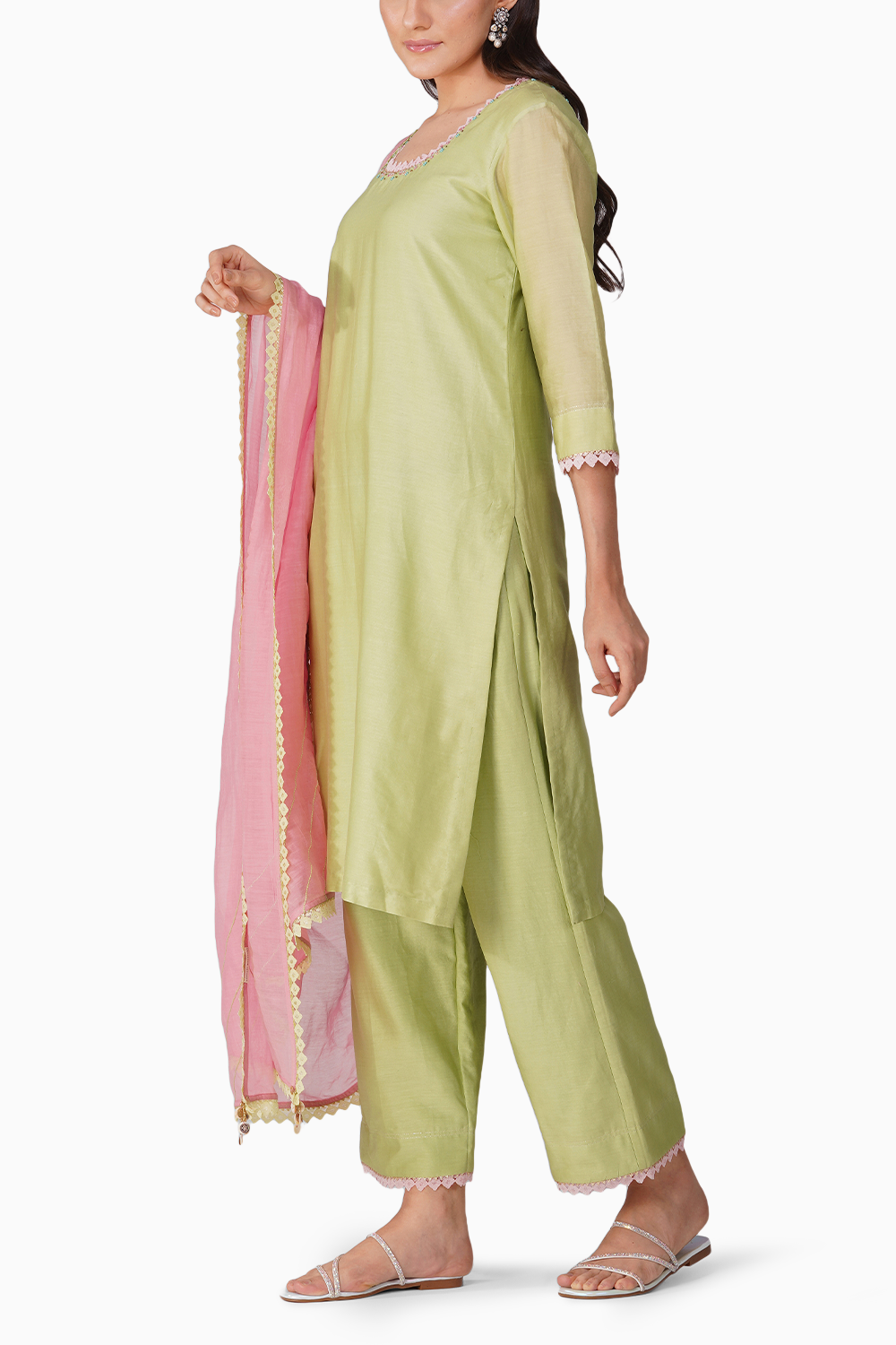 Small Flower Green-Pink Kurta Set