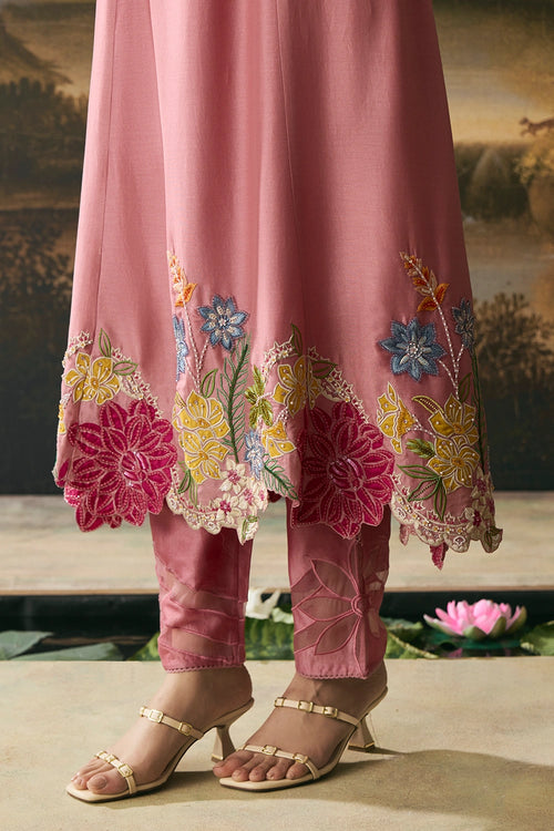 Pink Floral Medley Flared Kurta With Narrow Pants