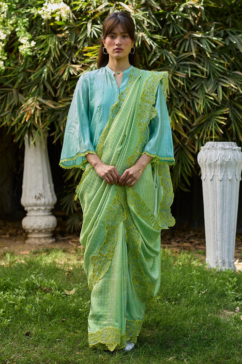 English Morning Green Embroidered Saree With Blouse