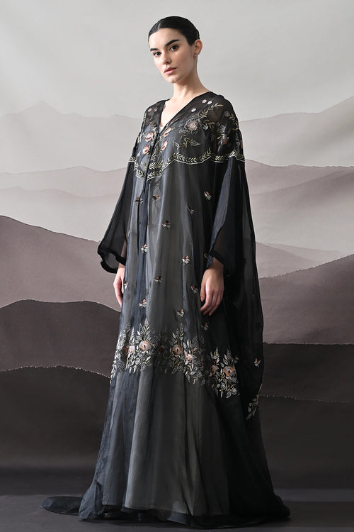 Black Kaftan With Hand-Embroidered Floral Panels