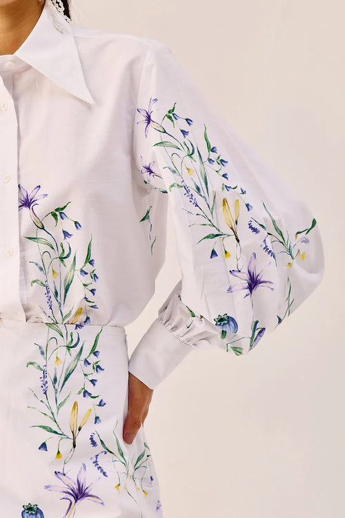 White Floral Printed Shirt And Mini Skirt Set