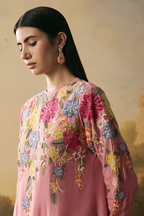 Pink Floral Medley Flared Kurta With Narrow Pants