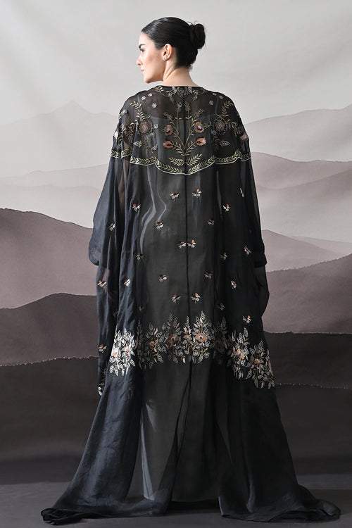 Black Kaftan With Hand-Embroidered Floral Panels