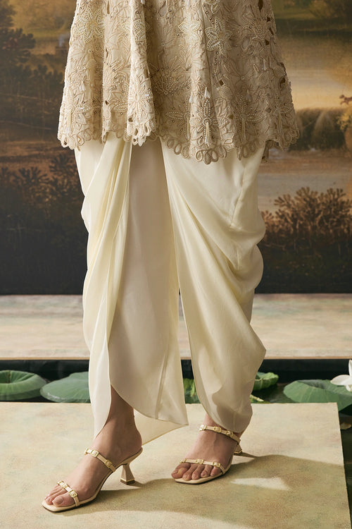 Ivory Cutwork Short Flared Kurta With Cowl Tulip Pants