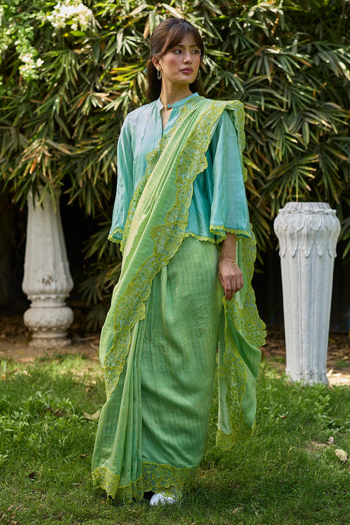 English Morning Green Embroidered Saree With Blouse