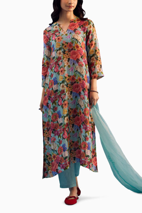 Euphoric Blossom Ice Blue Kurta Set