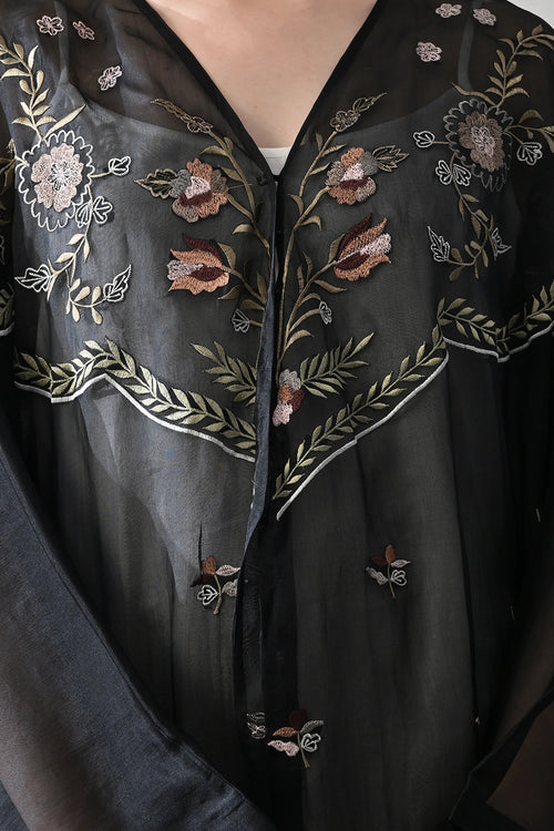 Black Kaftan With Hand-Embroidered Floral Panels