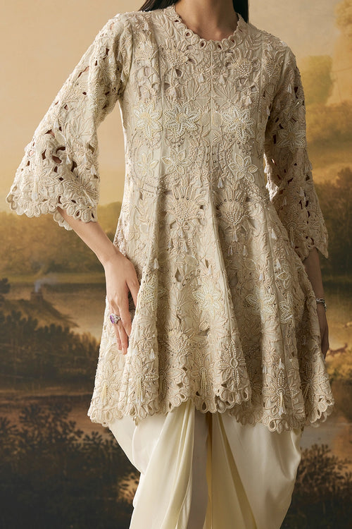 Ivory Cutwork Short Flared Kurta With Cowl Tulip Pants