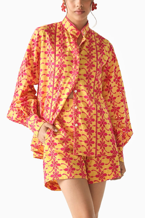 Chleo Yellow-Pink Schiffli Co-ord Set