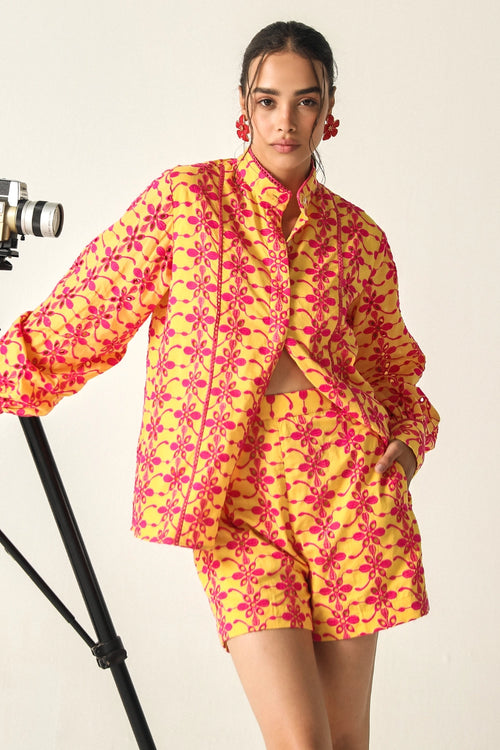 Chleo Yellow-Pink Schiffli Co-ord Set
