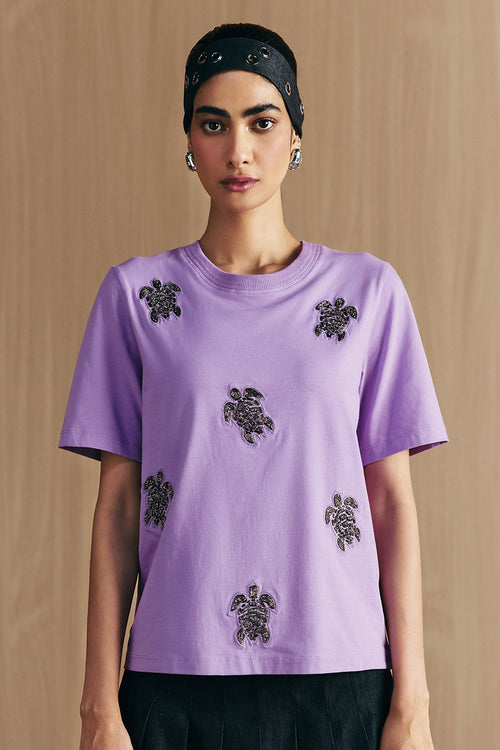 Purple Lilac Turtle Embellished T-Shirt